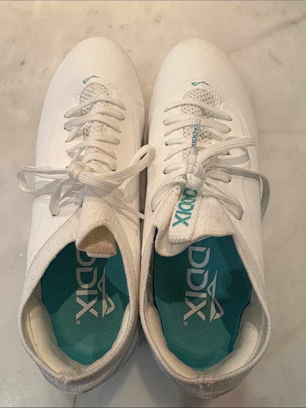 White Athletic Walking Shoes with Teal Insole